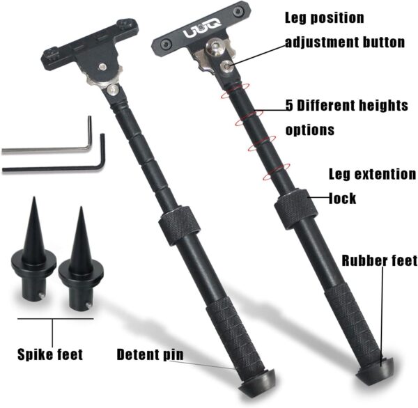 UUQ QV8 6-9 Inches Tactical Rifle Adjustable Bipod for Hunting and Shooting, Mount Base for Mlok Handguards, Directly Attach to M-Rail System, w/Spike Feet - Image 2